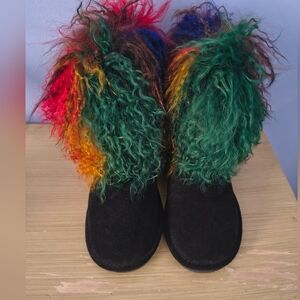 Brand New Bearpaw Black Sheepskin Multicolored Mongolian Fur Boots 7 M